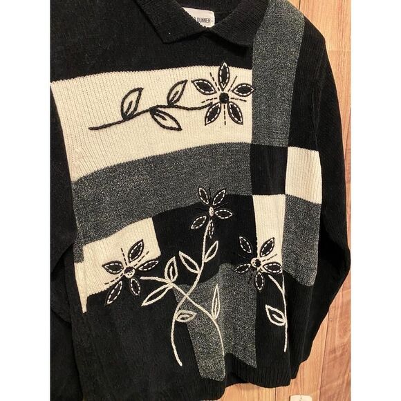ALFRED DUNNER M Sweater NWT Multi Floral Embroidered Colorblock Black cream - Picture 3 of 9